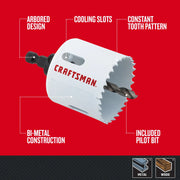 Photo of CRAFTSMAN CMAH1SET7 bi-metal hole saw with arbored design, cooling slots, constant tooth pattern, and pilot bit.
