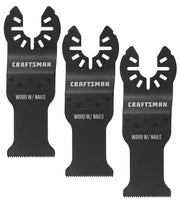 Photo of three CRAFTSMAN oscillating tool blades for wood with nails, SKU CMAO103-3, front view on white background.