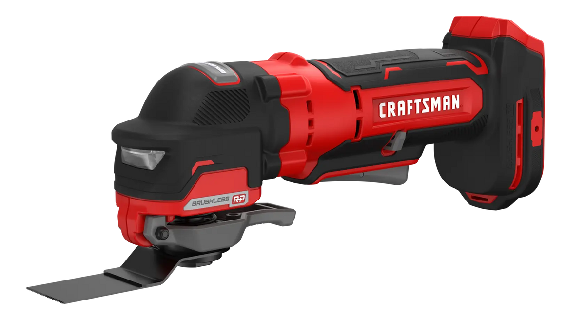 Photo of Craftsman cordless oscillating tool CMCE565B, red and black, side angle on white background.