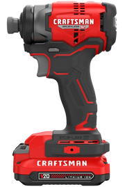 Photo of Craftsman brushless impact driver CMCF813C1, V20 lithium ion, side angle on white background.