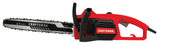 Photo of Craftsman CMECS600 electric chainsaw, red and black, side angle, white background.