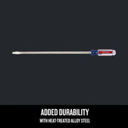 Photo of Craftsman slotted screwdriver CMHT65028 with clear and red handle, long alloy steel shaft, flat head, side view.