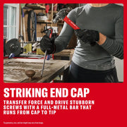 Person uses CRAFTSMAN screwdriver and hammer on wood. Text highlights striking end cap feature. Workshop setting.