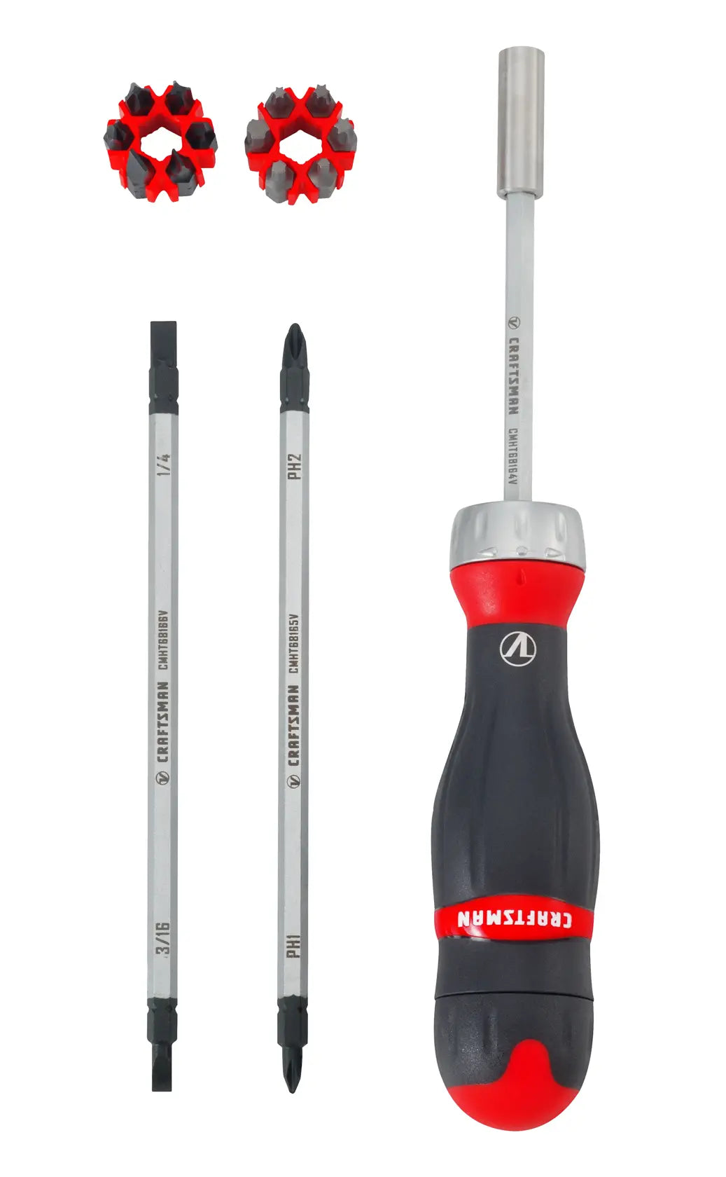 Photo of Craftsman multi-bit screwdriver set, SKU CMHT68142V, with two bit cartridges and three interchangeable shafts, front angle.