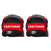Photo of two Craftsman 25 ft tape measures CMHT95625S, front view, black and red casing, white background.