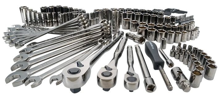 CRAFTSMAN CMMT12035L mechanic tool set with ratchets, wrenches, sockets, screwdriver, front angle photo.