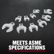 Photo of CRAFTSMAN CMMT12052LZ graphics showing various chrome flare nut wrench heads on black surface.