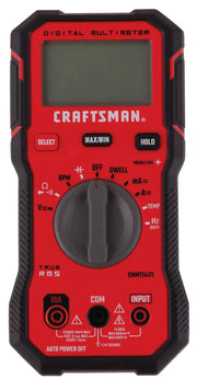 Front view photo of Craftsman digital multimeter, red and black, SKU CMMT14171, with rotary dial and display.