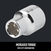 Photo of CRAFTSMAN chrome 12-point socket, SKU CMMT44329, graphics image highlighting increased torque feature.
