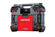 Photo of CRAFTSMAN CMST17510 black and red jobsite radio and charger with handle, front view on white background.