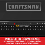 Photo of Craftsman CMST98259BK power strip graphic showing a black 6-outlet strip with dual USB ports mounted on pegboard.