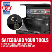Craftsman CMST98283P tool chest with internal keyed locking system and Craftsman overmolded key, front angle.