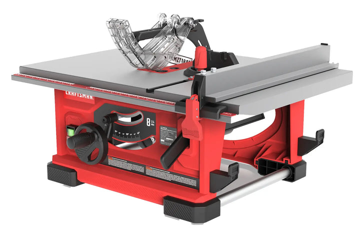 Photo of Craftsman table saw CMXETAX69434510 in red with adjustable fence and clear blade guard, front angle.
