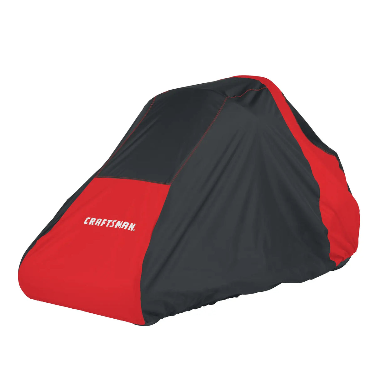 Photo of Craftsman lawn mower cover, red and black, SKU CMXGZAA52002001, angled view on white background.
