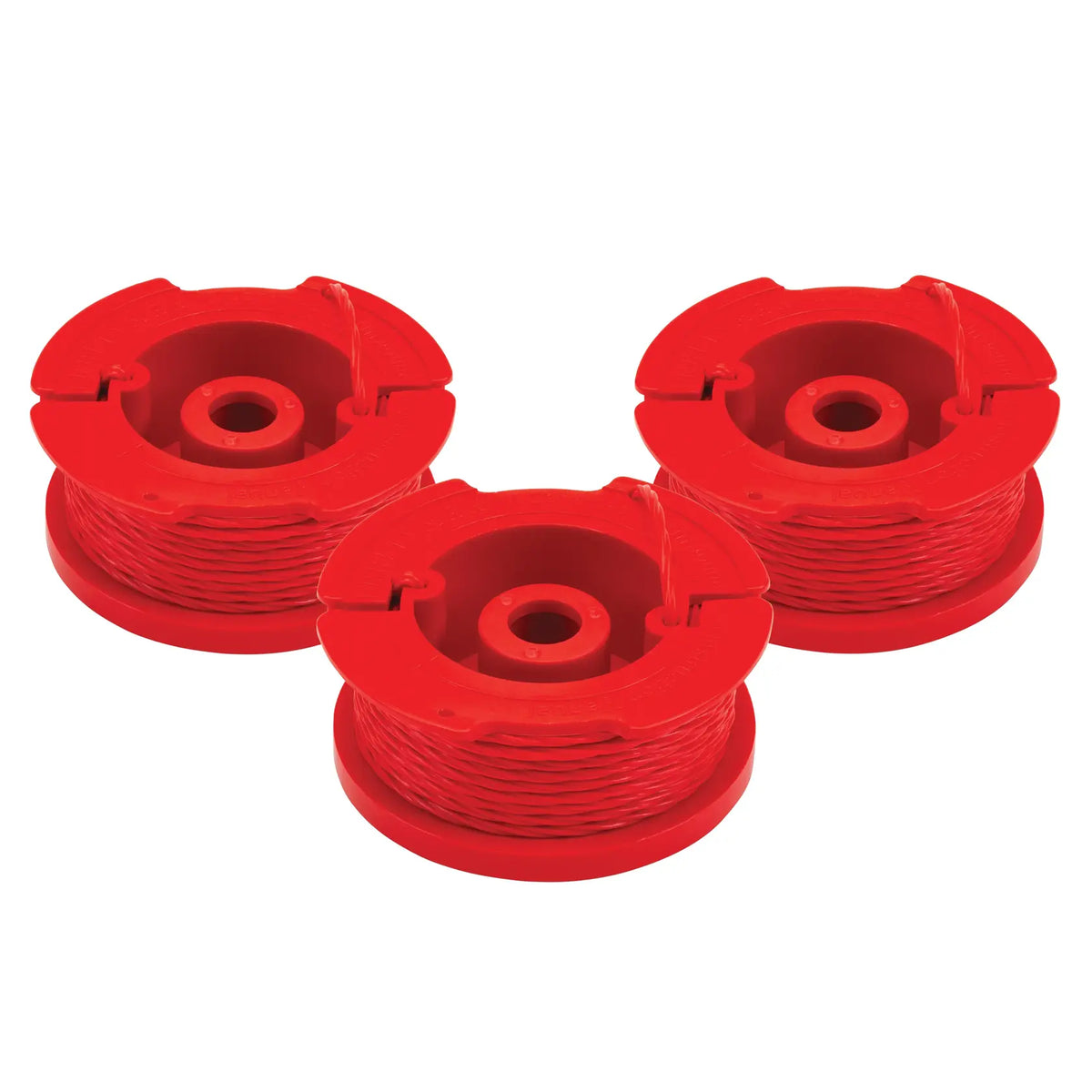 Photo of three CRAFTSMAN red trimmer line spools, SKU CMZST0803, shown from above on a white background.